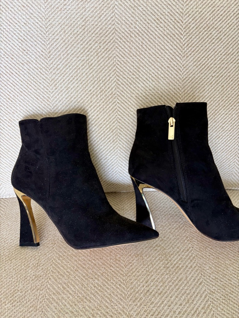 Jlo brand Black Suede Pointed Toe Ankle Boots with Gold Accent Heel - Women